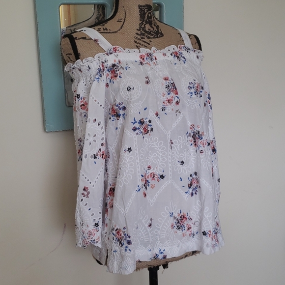 Loft White Eyelet Floral Cold Shoulder Top - Picture 2 of 5